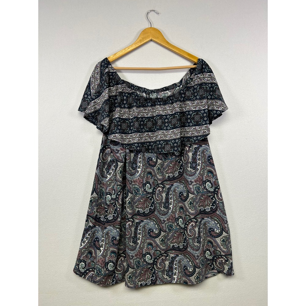 Boho Festival Massini Womens 2X Blue Paisley Ruffle Off Shoulder Mini Dress